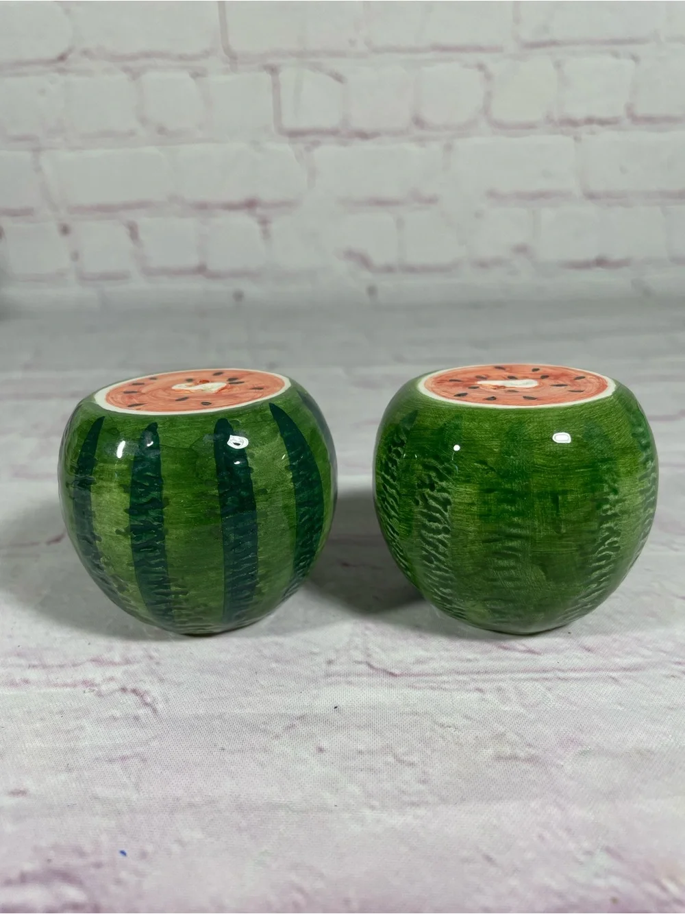 Vintage Hand Painted Ceramic Watermelon Salt and Pepper Shaker Set With Stoppers